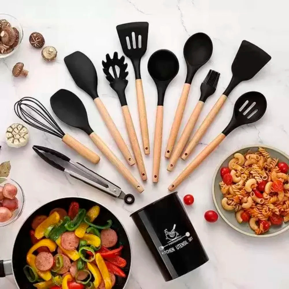 Kit 12 Utensílios de Cozinha em Silicone com Cabo de Madeira – Resistente ao Calor, Antiaderente