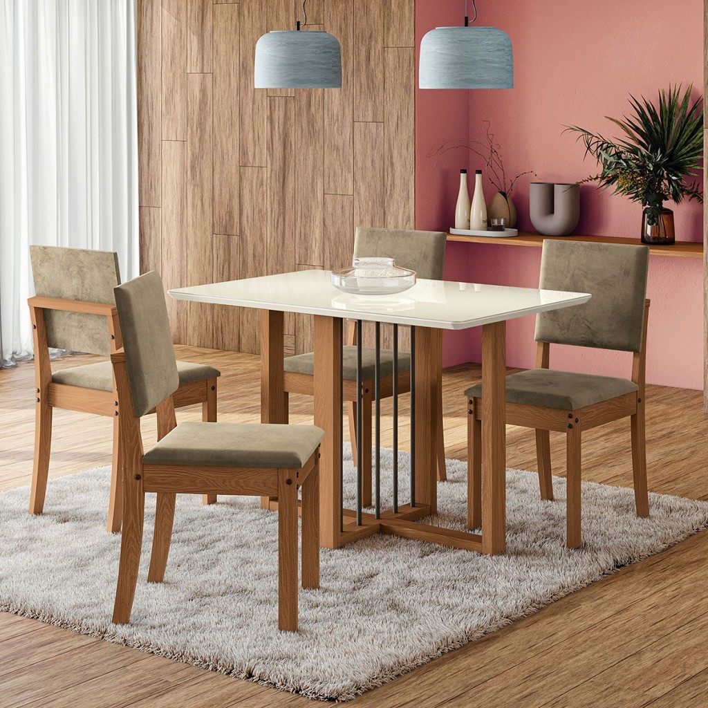Mesa de Jantar 4 Lugares Carmen com Vidro Canela/Off White/Bege - Kappesberg Jantar