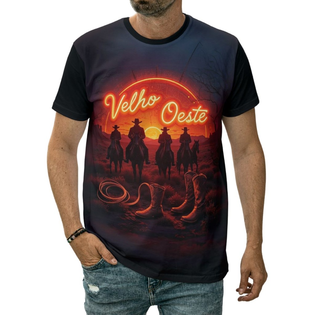 Camiseta Faroeste Estilo Cowboy Bota Chapéu Velho Oeste