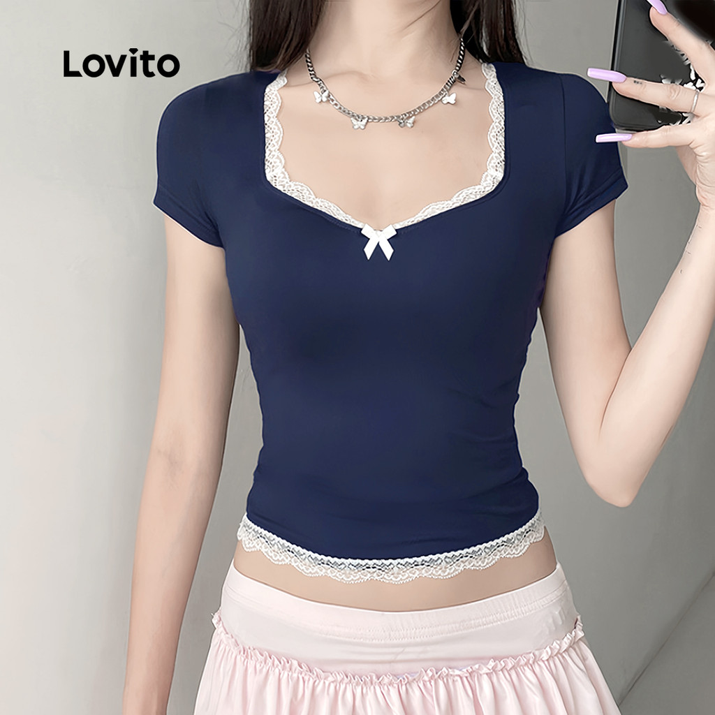 (Trendy) Lovito Camiseta feminina Casual lisa com babados e gola Colorblock L128ED267 - Women Clothes