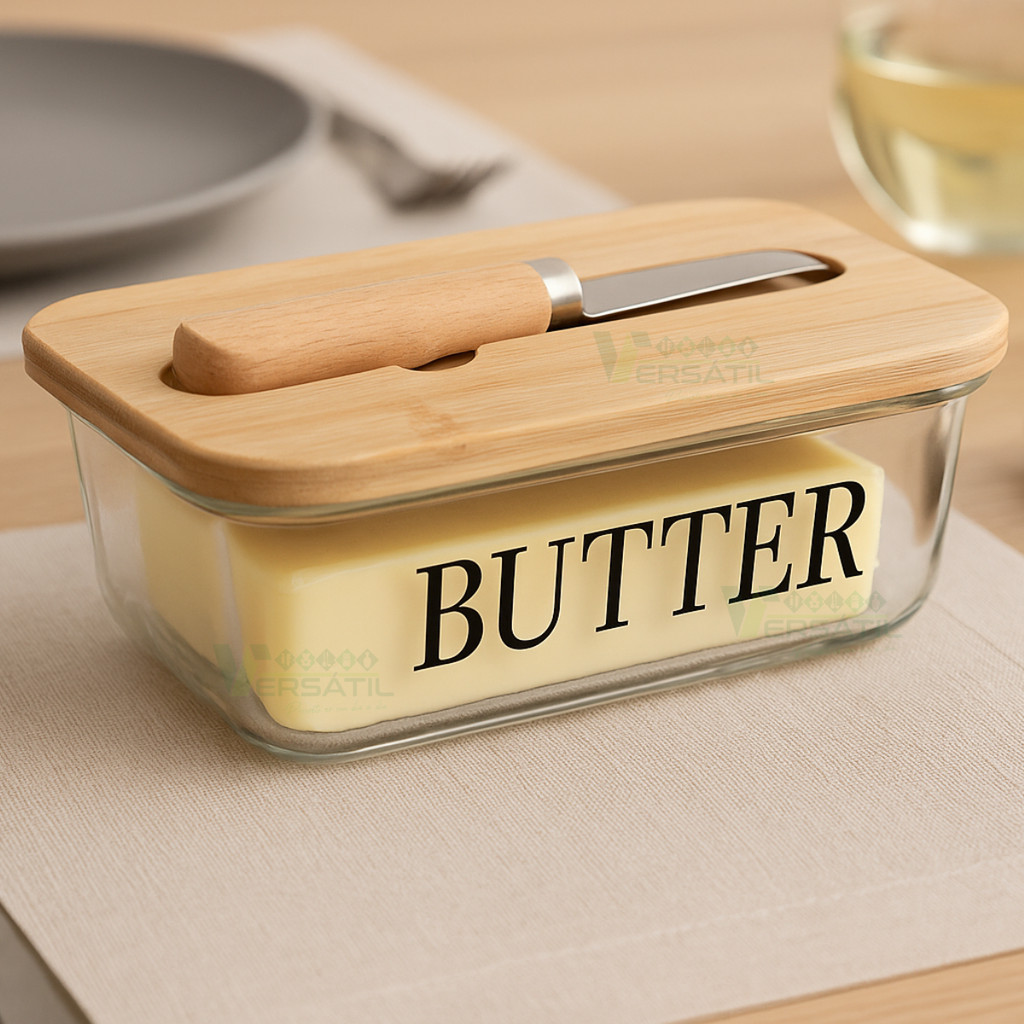 Manteigueira Porta Manteiga Wolff de Vidro com Espátula e Tampa de Bambu Requintada Grande...