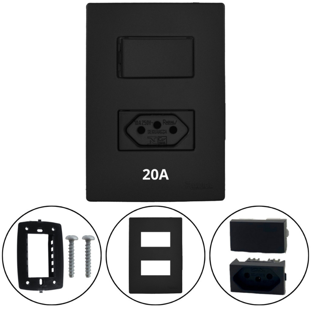 Tomada Interruptor Radial Preto 10A/20A Linha Ouro Preto Fosco Modular Todos Modelos — imagem 2 de 2