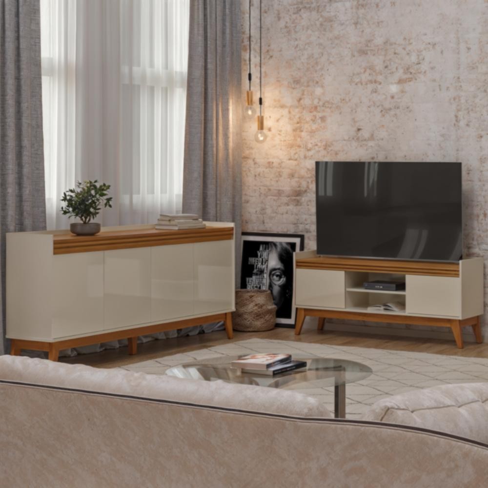 Conjunto Sala de Estar Buffet 4 Portas e Rack para Tv até 50 Polegadas Ripado - ViaNossa