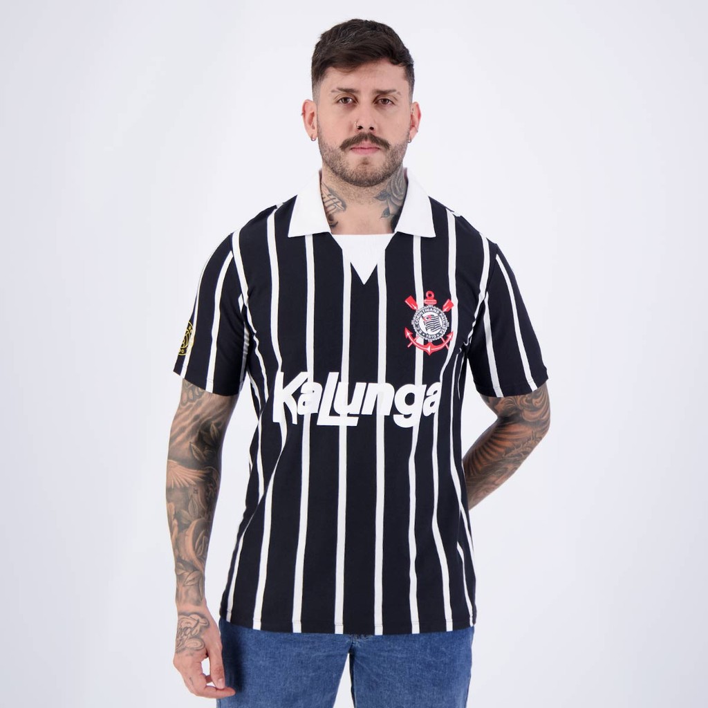 Polo Corinthians Retrô Kalunga Preta e Branca em Oferta na Shopee
