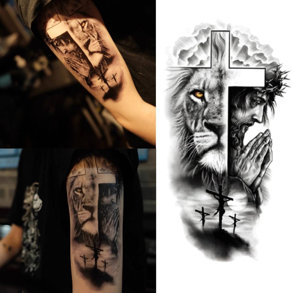 tatuagem temporária de leão realista, tatuagem masculina adulta, arte corporal falsa à prova d'água em Oferta na Shopee