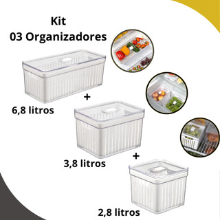 Kit 3 Organizadores de Geladeira 6,8 + 3,8 + 2,8 Litros Com Cesto - Plastutti em Oferta na Shopee