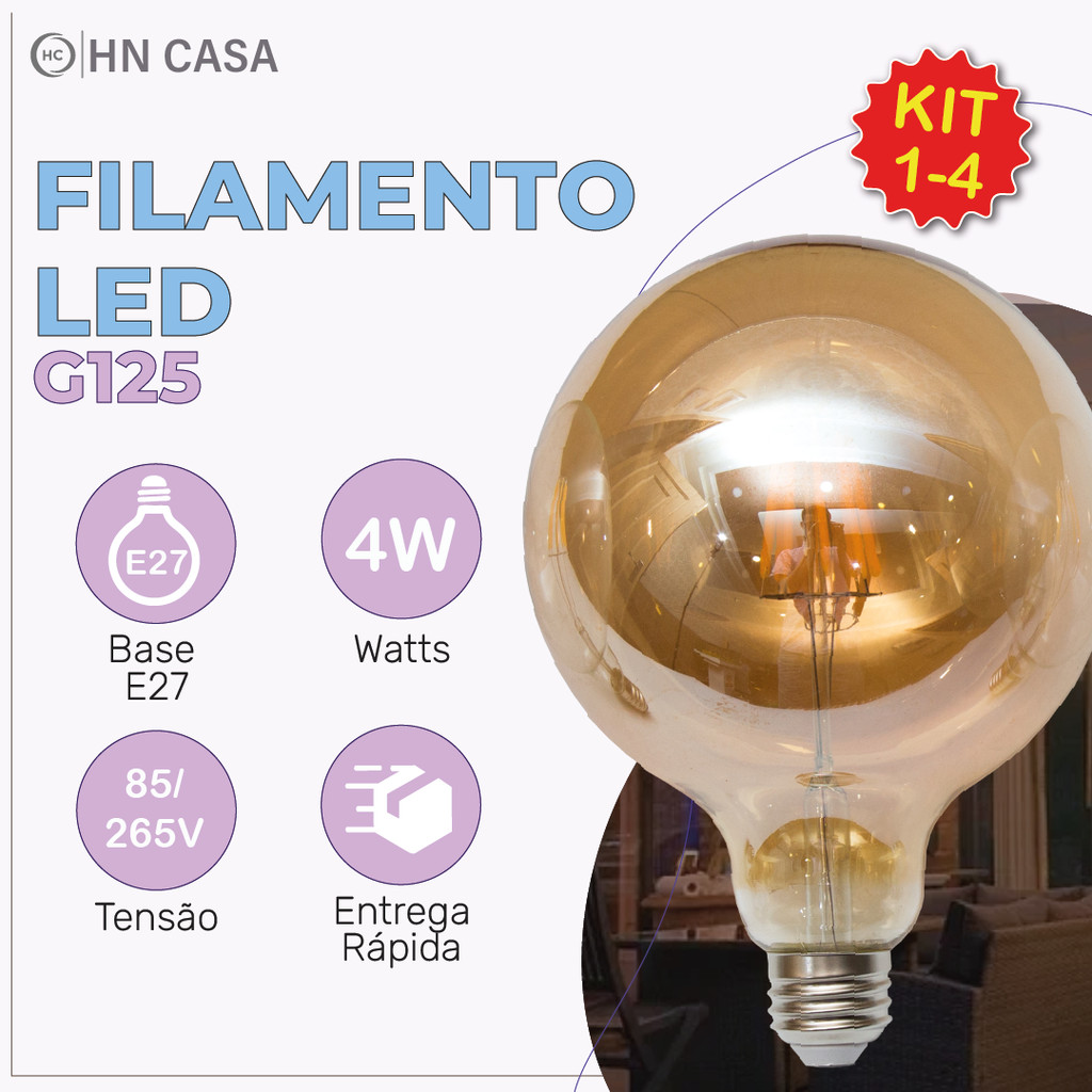 Lâmpada Filamento LED G125 4W E27 LUZ QUENTE (AMARELO) Âmbar Retrô Vintage 110V~220V | Bivolt em Oferta na Shopee