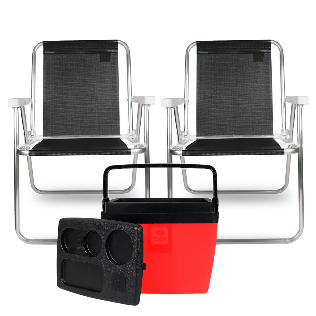 2x Cadeiras de Praia Alta Lazy Alumínio Suporta 110kg Preta + Caixa Térmica 12L Vermelha/Preta em Oferta na Shopee
