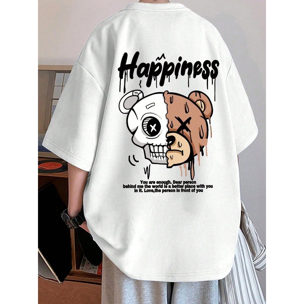 Camiseta Masculina 100% Algodão 30.1 Estampa de Desenho Animado Happiness Blusa Manga Curta