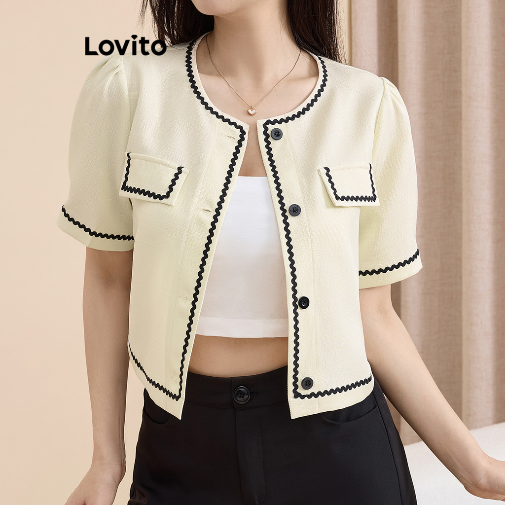 Lovito Blazer elegante com decote em V e babados para mulheres L109MD861 em Oferta na Shopee