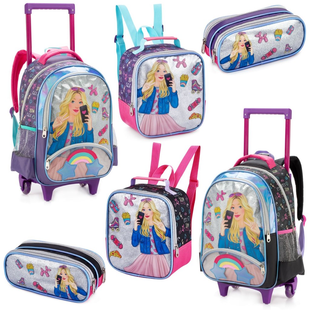 Kit 3 Peças Mochila Escolar Rodinha Infantil Menina Estojo Lancheira Térmica