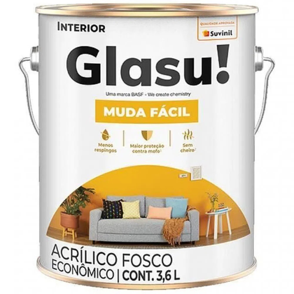 TINTA ACRÍLICA GLASU! MUDA FÁCIL 3,6L INTERIOR VÁRIAS CORES em Oferta na Shopee