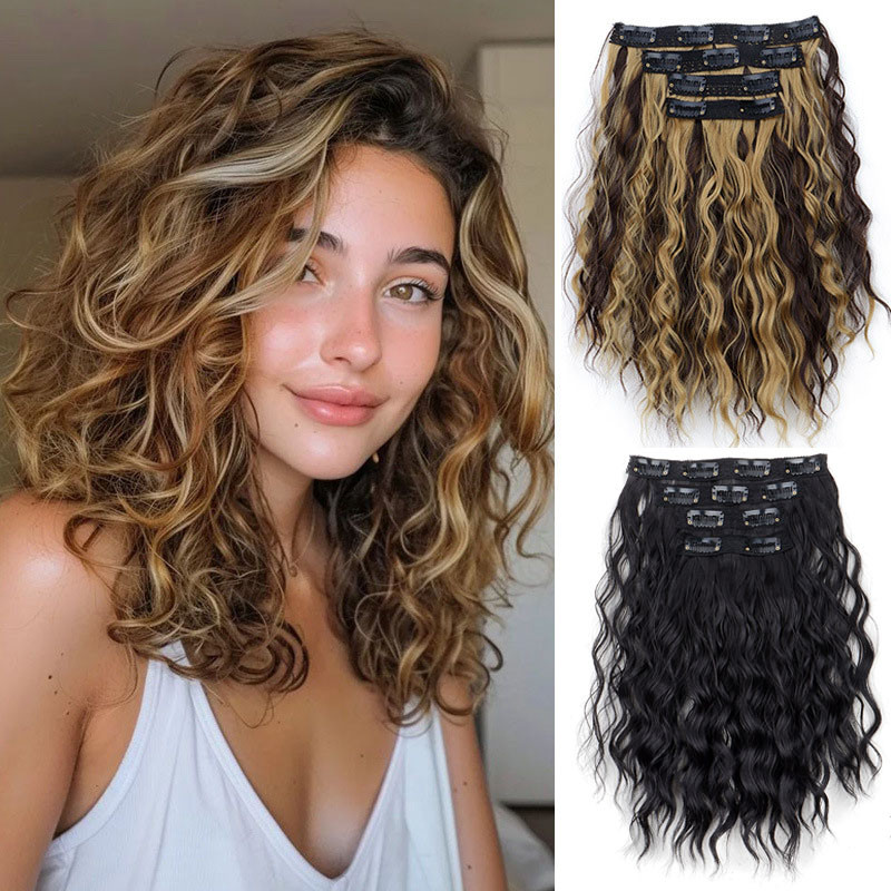 4 Peças Mulheres Peruca Encaracolada Onda Extensões De Cabelo 11 Clipes Clipe Sintético Em Resistente Ao Calor em Oferta na Shopee