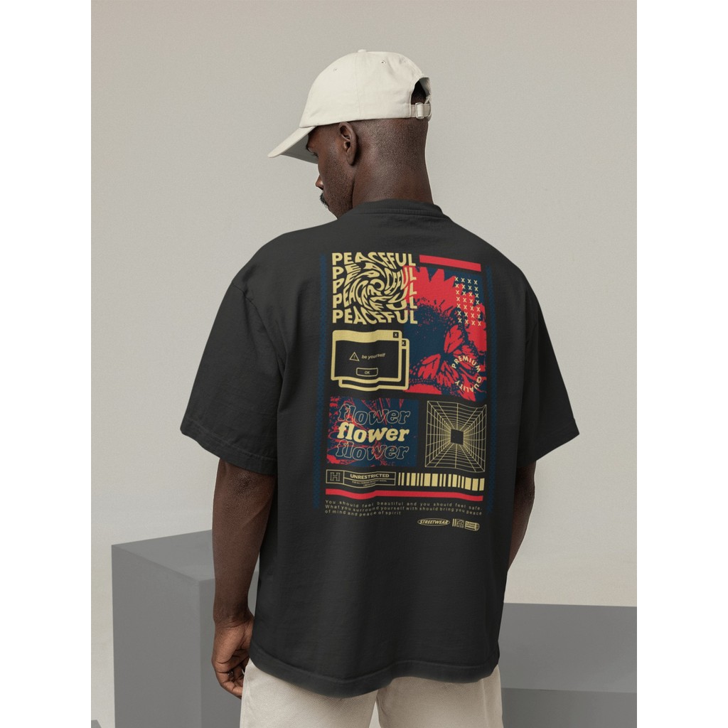 Camisa Camiseta Oversized Streetwear Masculino Urbano Treino Preto e Off Whte Estampado - PEACEFUL