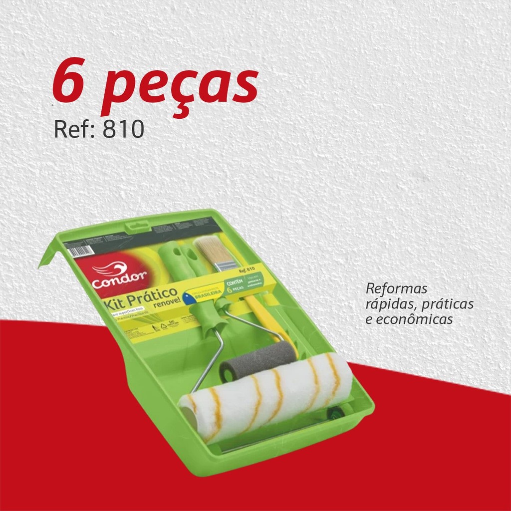 Kit Pintura Casa Parede Rolo Lã Anti Respingo Pincel E Bandeja 5 e 6 Peças Condor