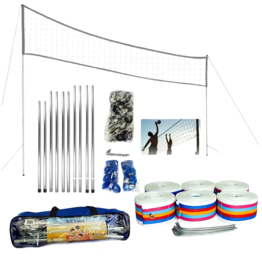 Kit Volei de Praia Rede 8m e Faixa de Marcação Com Poste e Varão