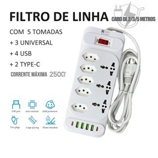 Régua Filtro de Linha com 8 Tomadas Extensão Elétrica 3 Universal 4 U 2 Type c 10A 110V/220V 2/3/5M em Oferta na Shopee