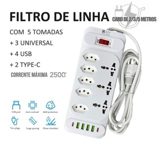 Régua Filtro de Linha com 8 Tomadas Extensão Elétrica 3 Universal 4 U 2 Type c 10A 110V/220V 2/3/5M
