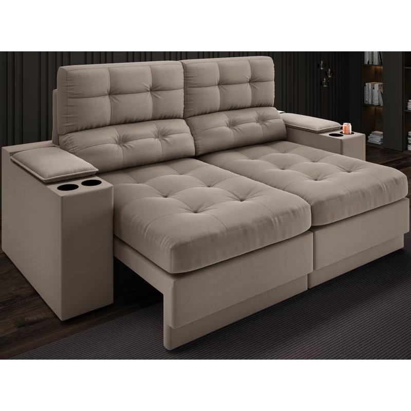 Sofá com Porta Copos e Carregador USB Eureka 1,70m Assento Retrátil e Reclinável Velosuede Capuccino - NETSOFAS