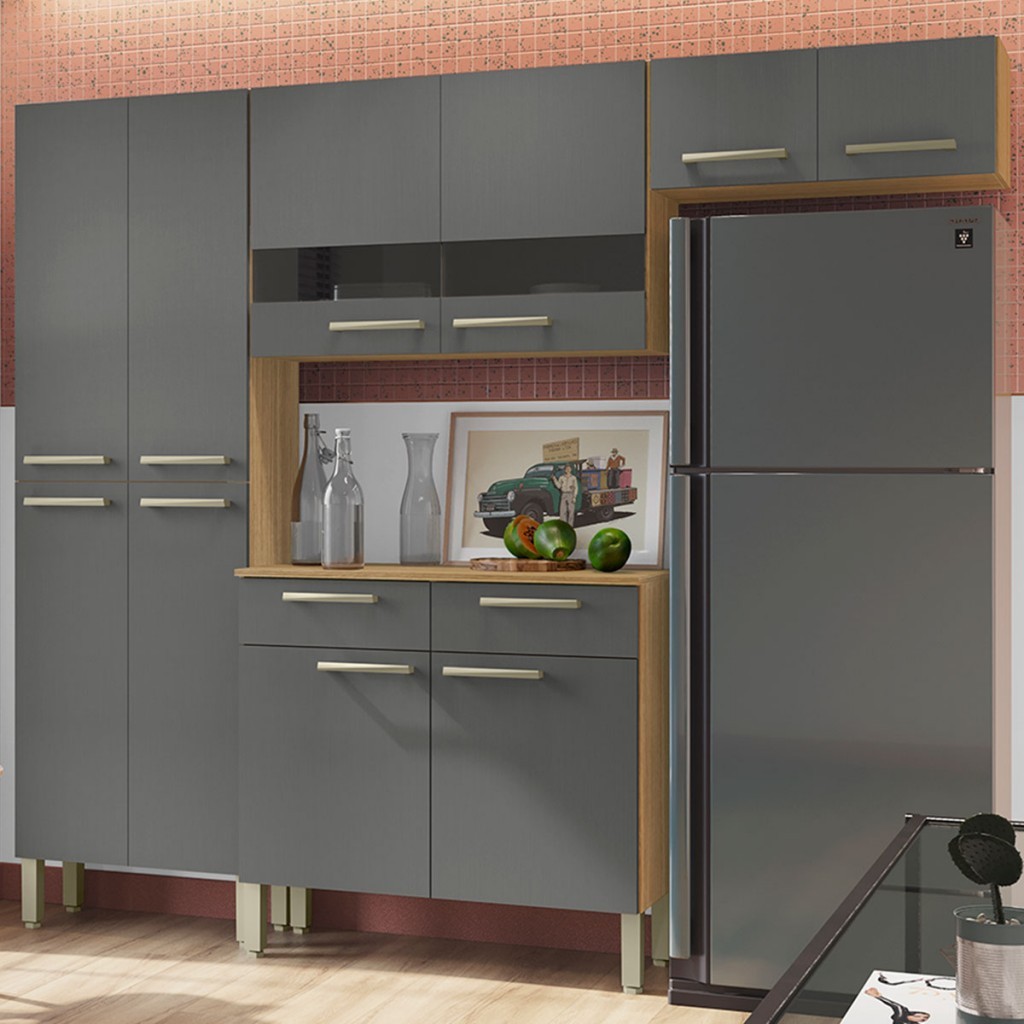 Armário de Cozinha com Balcão Aurora 10 Portas 2 Gavetas com Vidro Freijó/Gris - Pnr Móveis em Oferta na Shopee