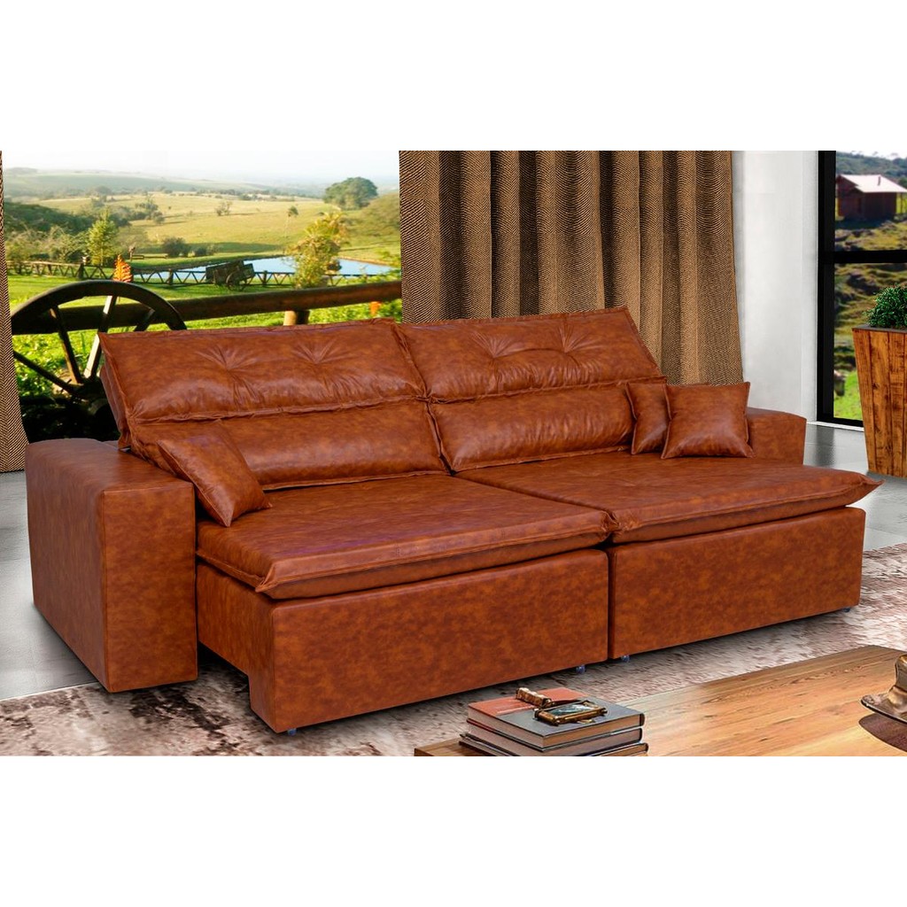 Sofá Tourino 2,52m Retrátil Reclinável, Molas e Pillow no Assento Tecido Courino Caramelo Cama InBox em Oferta na Shopee