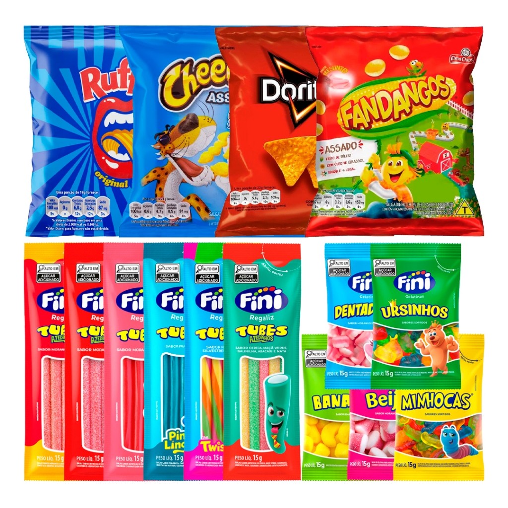Kit 60 Salgadinhos Elma Chips + 60 Pacotes Bala Fini em Oferta na Shopee