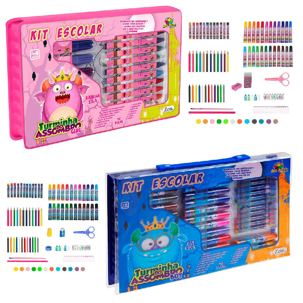 KIT ESCOLAR 94 PEÇAS MALETA INFANTIL COLORIR