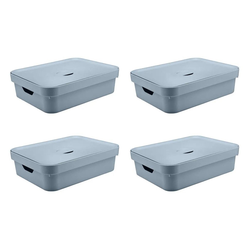 Kit de caixa organizadora com tampa Ou 4 peças 10,5L Linha Cube - Azul Glacial