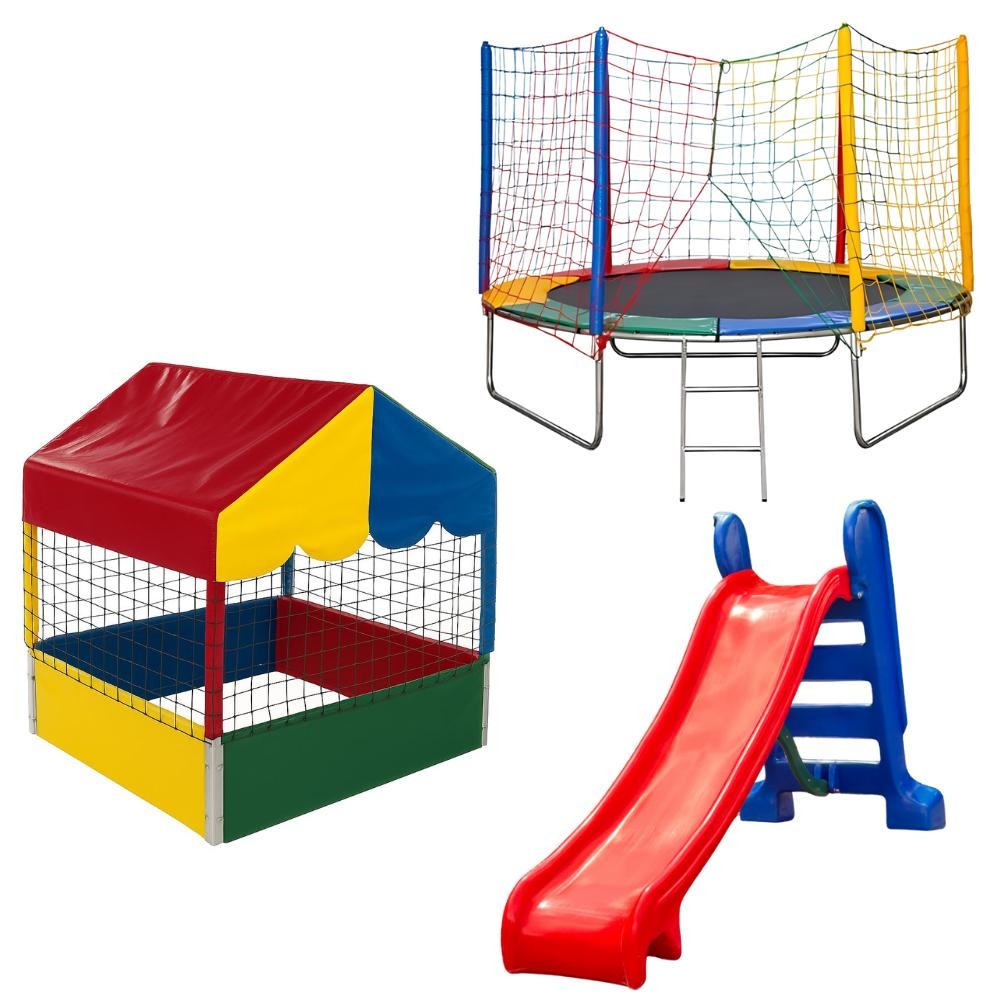 Piscina de Bolinha Quadrada Nacional Premium 1,00m + Cama elástica Pula Pula Trampolim  2,44m + Escorregador Médio