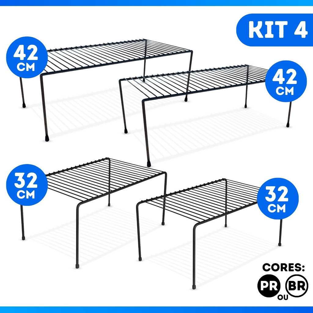 Kit 4 Organizador Aramado 32cm e 42cm Armario Cozinha Preto Branco Sapateira - KIT COMPLETO