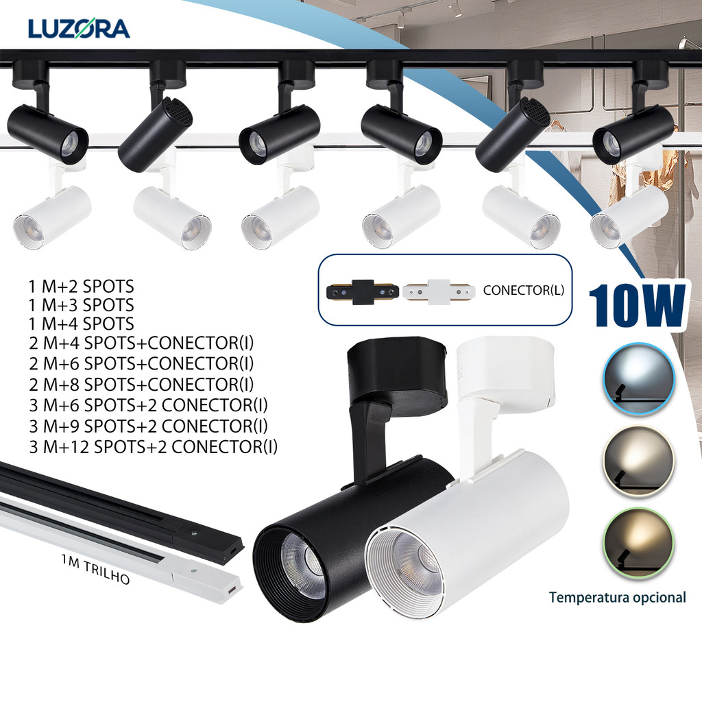 Kit Trilho Spot LED para trilho eletrificado Interno Econômico Luz Ambiente ou Comercial 10W Bivolt