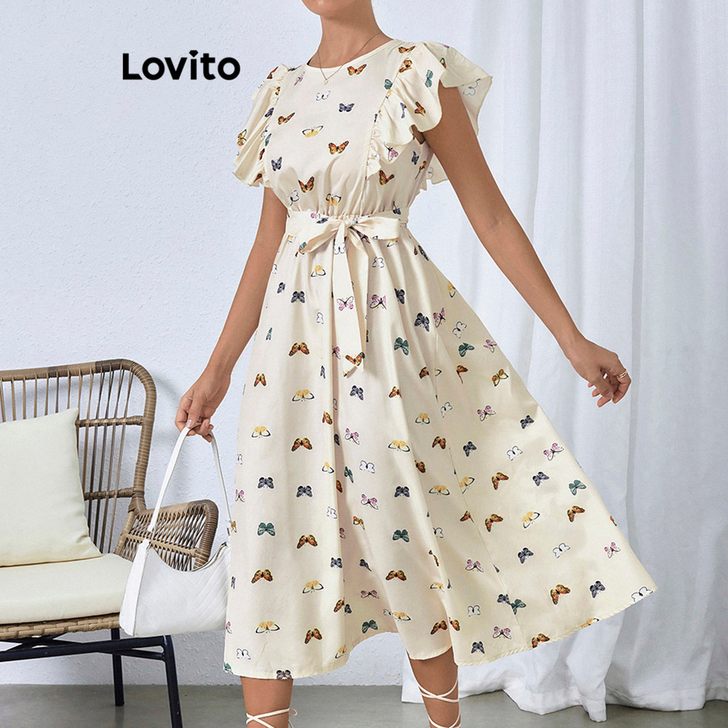 Lovito Vestido Boho Borboleta Babado Vestido Com Cinto Para Mulheres LBL16570