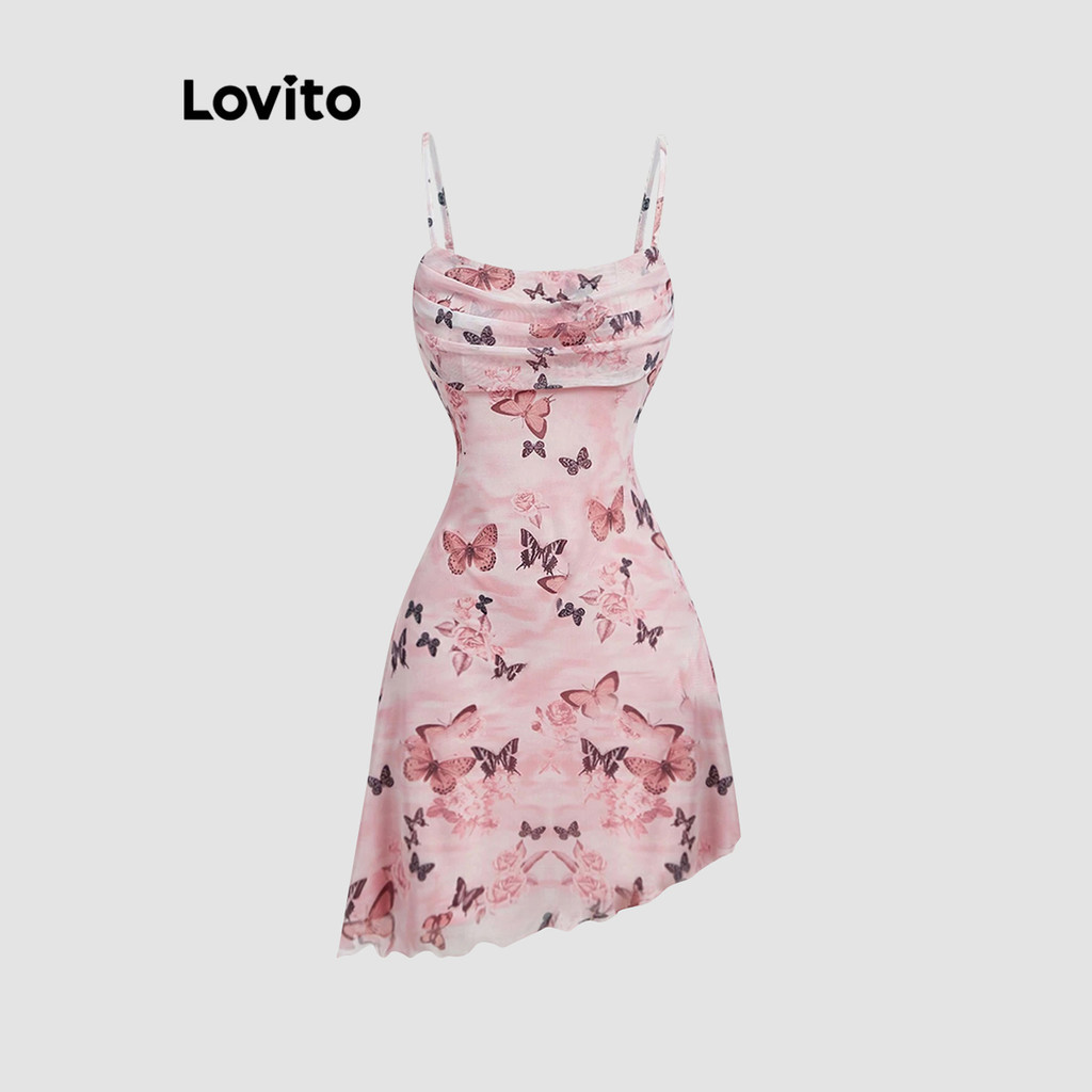 Lovito Vestido casual borboleta drapeado assimétrico alface para mulheres L177AD065 - Women Clothes