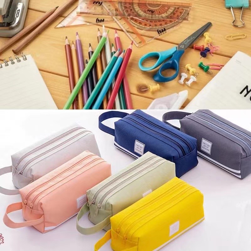 Estojo de lápis portátil de lona de papelaria de camada dupla em Oferta na Shopee