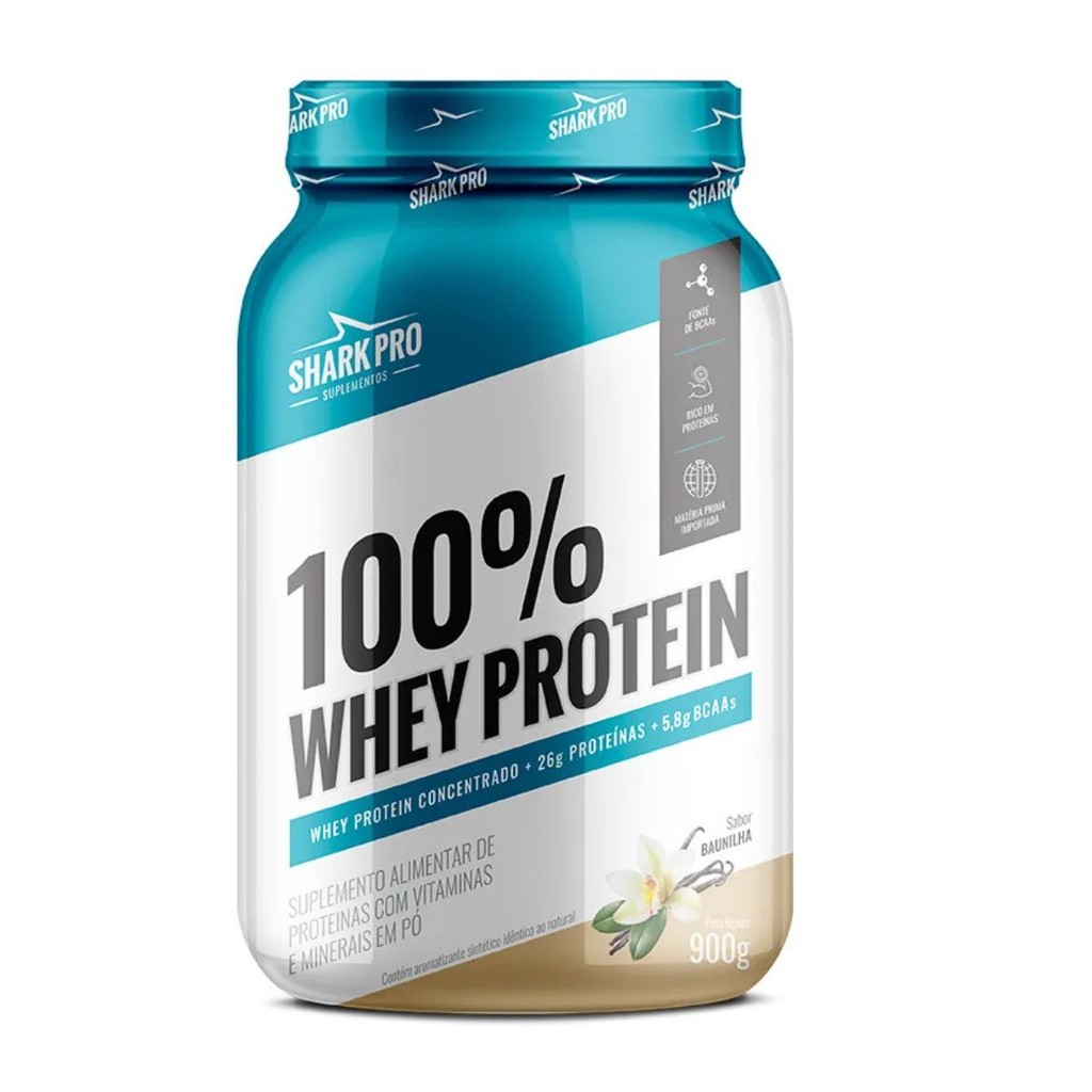 100% WHEY PROTEIN CONCENTRADO 26G PROTEÍNA POTE 900G BAUNILHA SHARK PRO