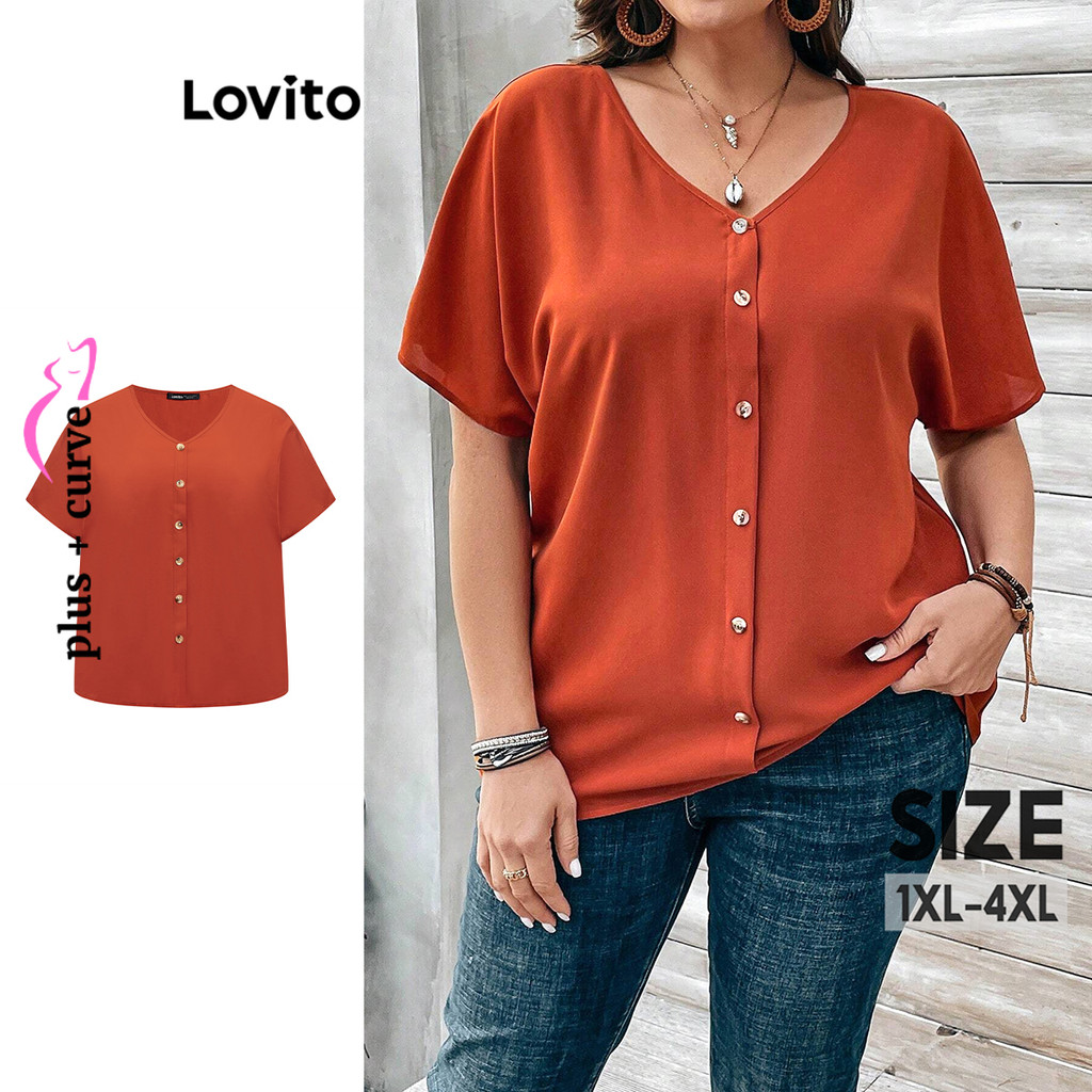 Lovito Blusa Curva Plus Size Elegante Blusa Frontal Com Botão Liso Para Mulheres LBL18301
