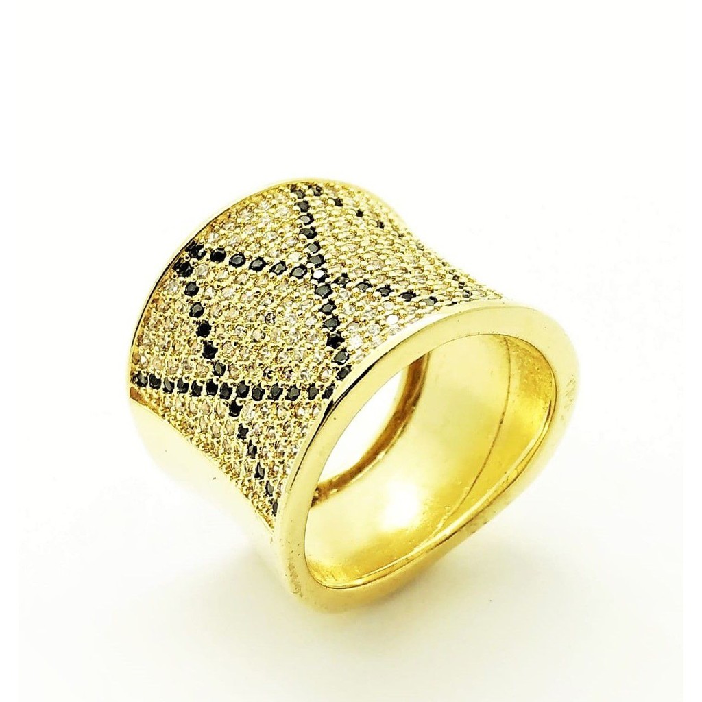 Anel Losangos Cravejado Pavé De Zirconias Banho De Ouro 18k 1846