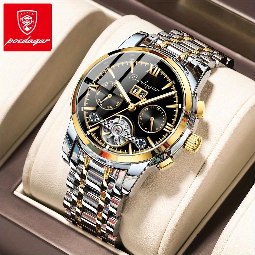Relógio POEDAGAR , Mecânico Totalmente Automático Com Pulseira De Aço Inoxidável Sólido , Turbilhão Transparente , Mascu