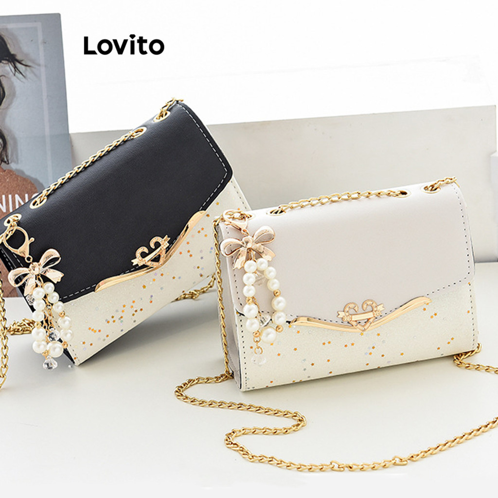 (KOL‘s pick) Lovito Casual Bolsa Feminina Pequena de Ombro de Patchwork com Corrente LNA32135 (Off White/Preto) em Oferta na Shopee