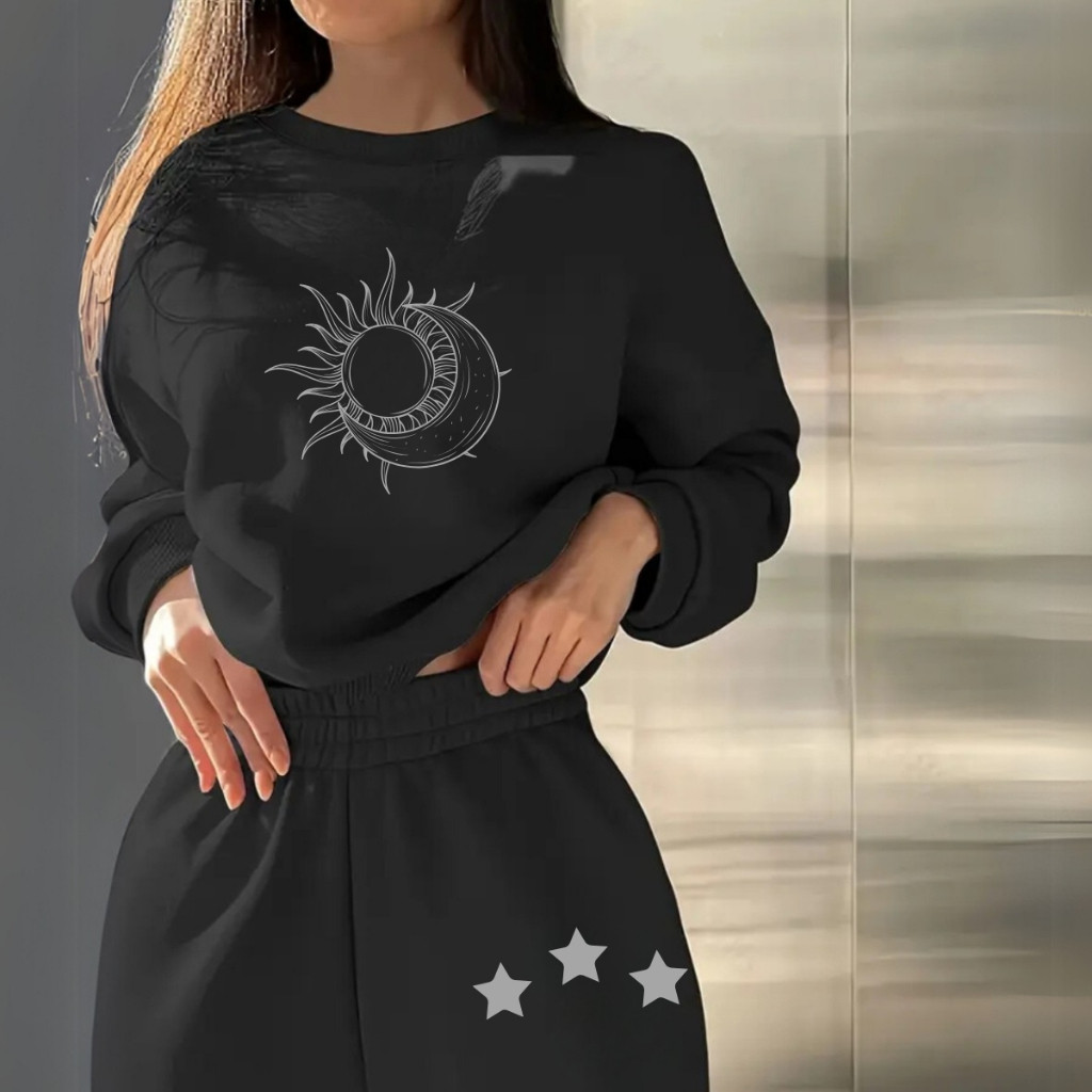 Conjunto Moletom Feminino Casual Lua Sol Minimalista Algodão Confortavel Flanelado