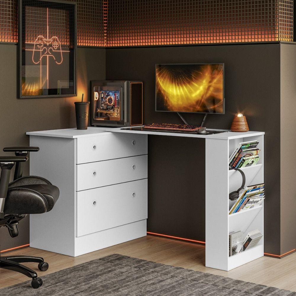 Detalhes do Cômoda Com Mesa Gamer Giratória Branco Qmovi Branco