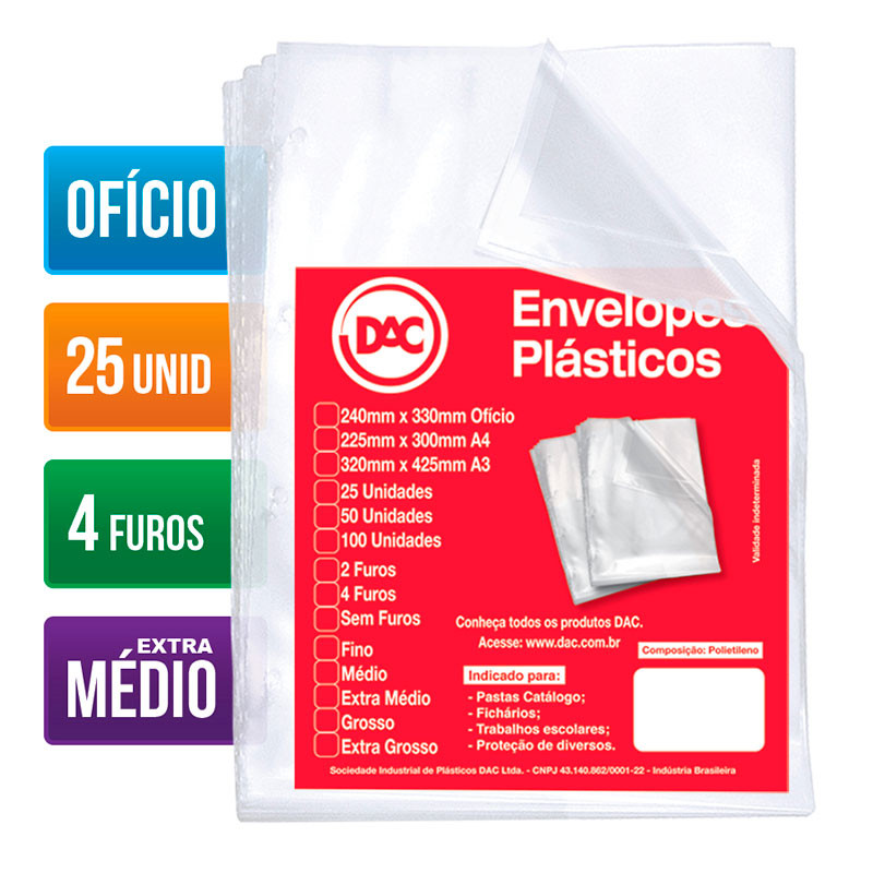 Envelope plástico ofício 0.12 4 furos 5178 pacote com 25 unidades Dac - Stationery