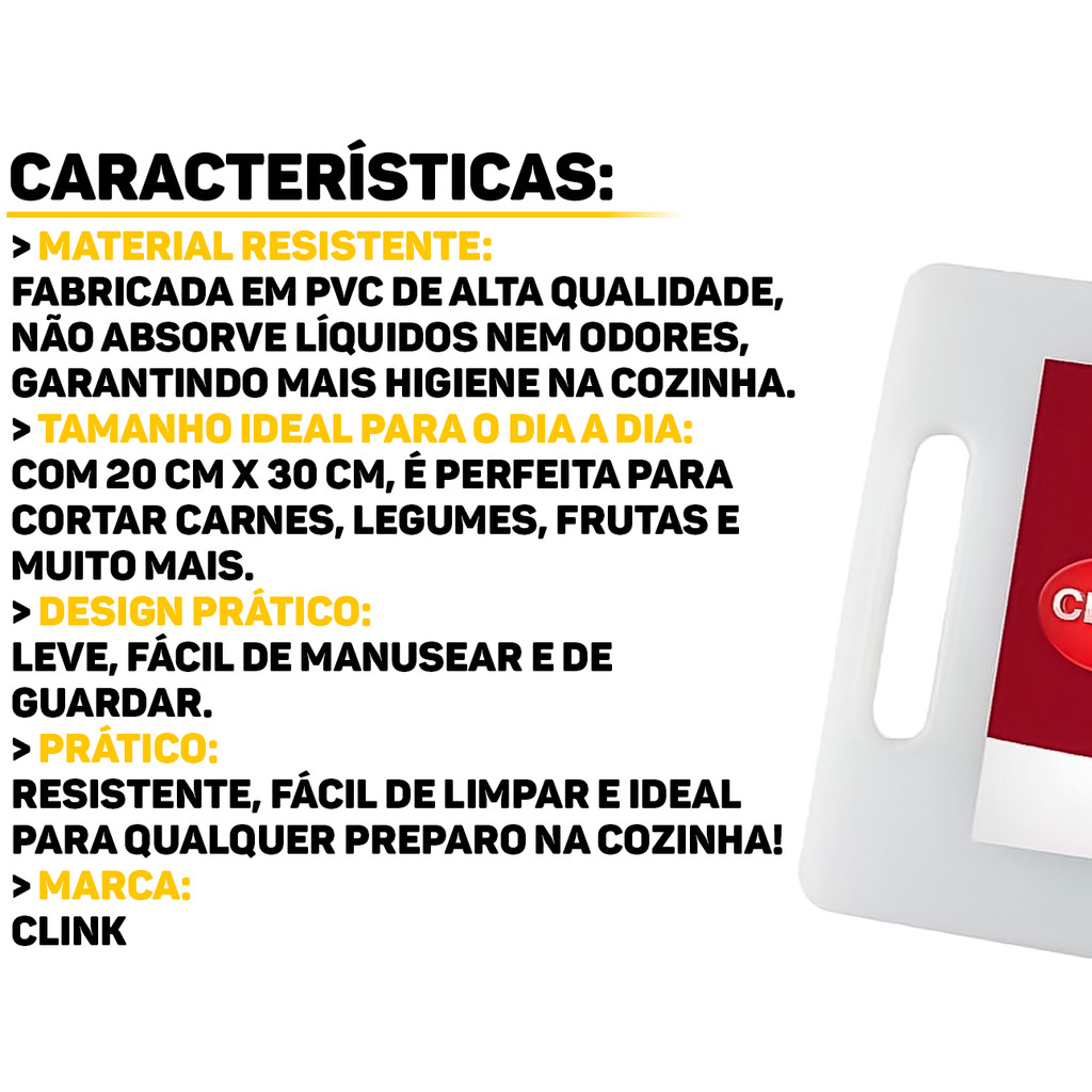 Detalhes do Tábua De Corte Plástica Com Alça Para Legumes Frutas Carnes Churrasco Multiuso 20cm x 30cm Clink