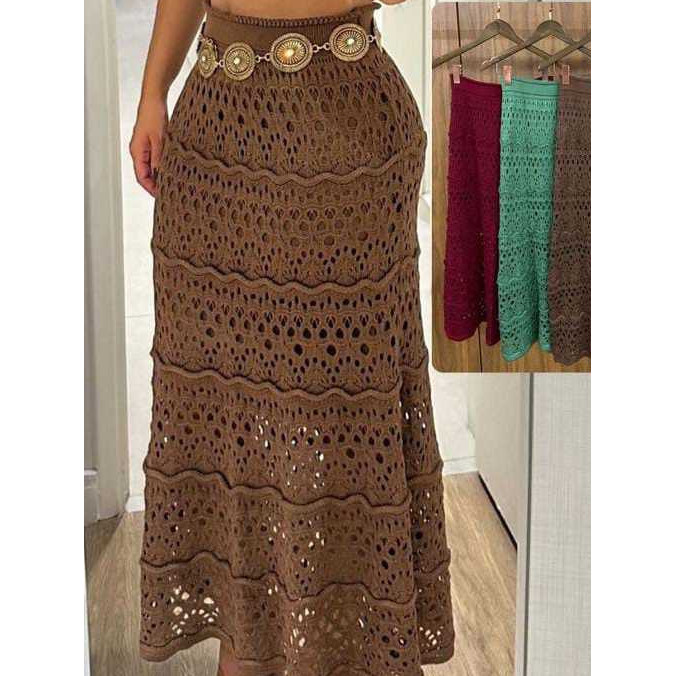 Saia Longa Forrada de Tricot Ponto Crochê Rendada Elegante Feminina Lançamento Moda Atempo...