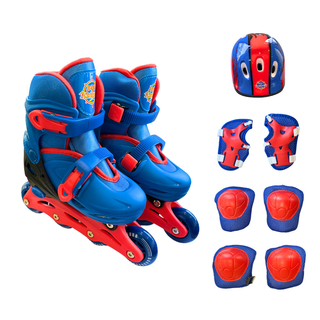 Patins Roller Ajustável Com Kit De Proteção Azul Patins Infantil Inline Ajustável Tamanho Azul e Vermelho M (32 ao 35)