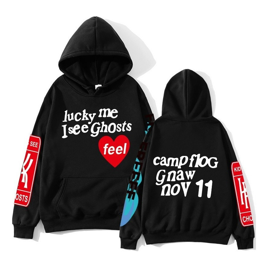 Blusa De Frio Moletom Algodao Kanye Lucky Me I See Ghost Fashion Flanelado Casaco Canguru com Capuz