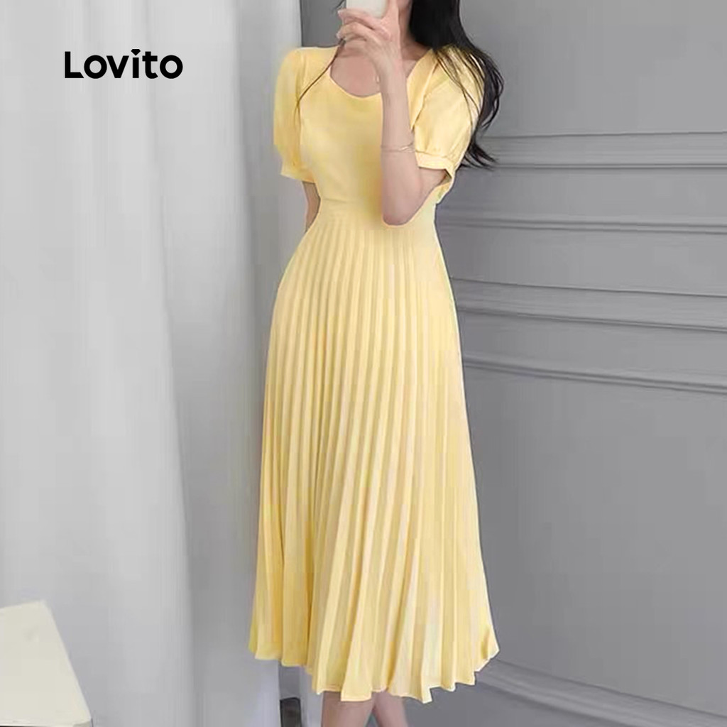 (Trendy) Lovito Vestido Casual liso plissado para mulheres L131ED354 - Women Clothes