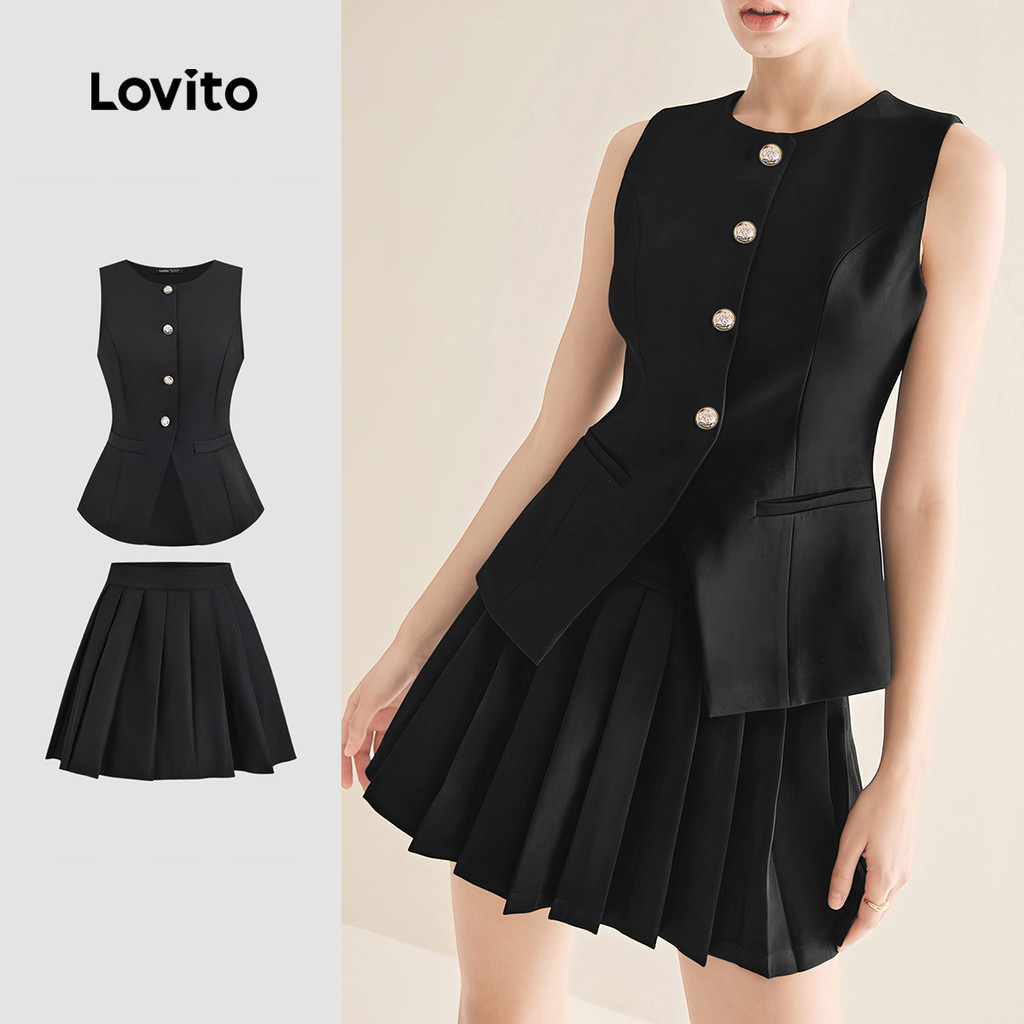 (Trendy) Lovito Tops ou calças plissadas frontais com botões geométricos para mulheres L129ED716 - Women Clothes