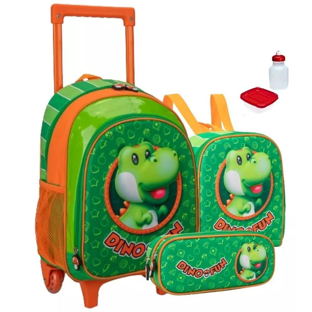 Kit Mochila Dino Fun 3D Escolar 2 Em 1 Alças Rodinhas Tam G - Fenix