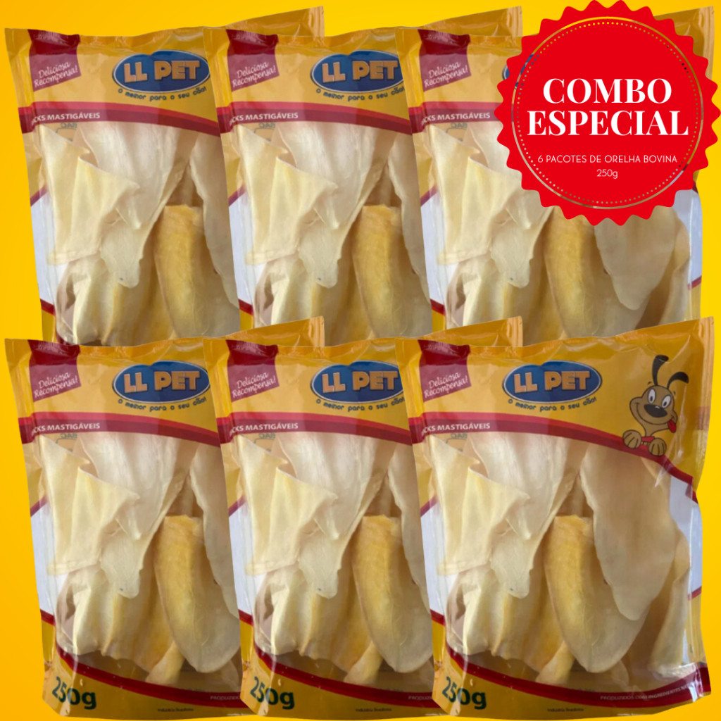 Kit Combo 6 Pacotes Petisco para Cães Orelha Bovina Desidratada LL PET PROMOÇÃO ENVIO IMEDIATO